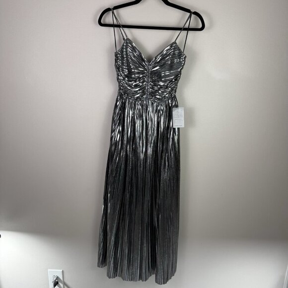 Socialite Metallic Midi Dress Silver Pleated XS NWT Ruched Bodice Holiday Party - Picture 2 of 13
